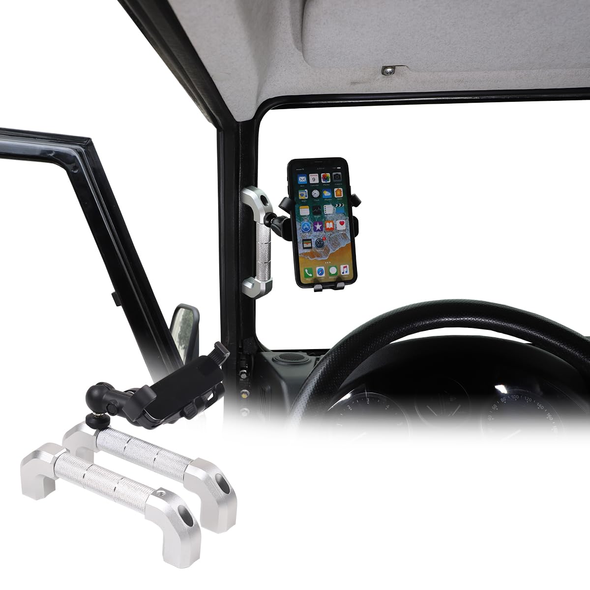 JONKOKO Car Interior Door Grab Handle Trim with Car Mobile Phone Holder Compatible with Land Rover Defender 2004-2018 Car A-Pillar Handle Mobile Phone Bracket GPS Navigation Bracket (Style A, Silver)