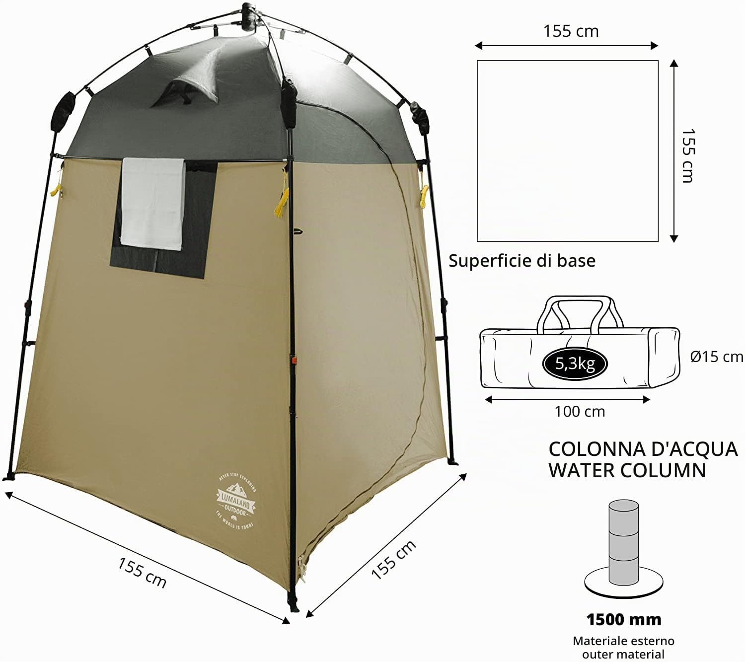 Lumaland Tenda Doccia e Cabina spogliatoio Sistema QuickUp di Montaggio Marrone