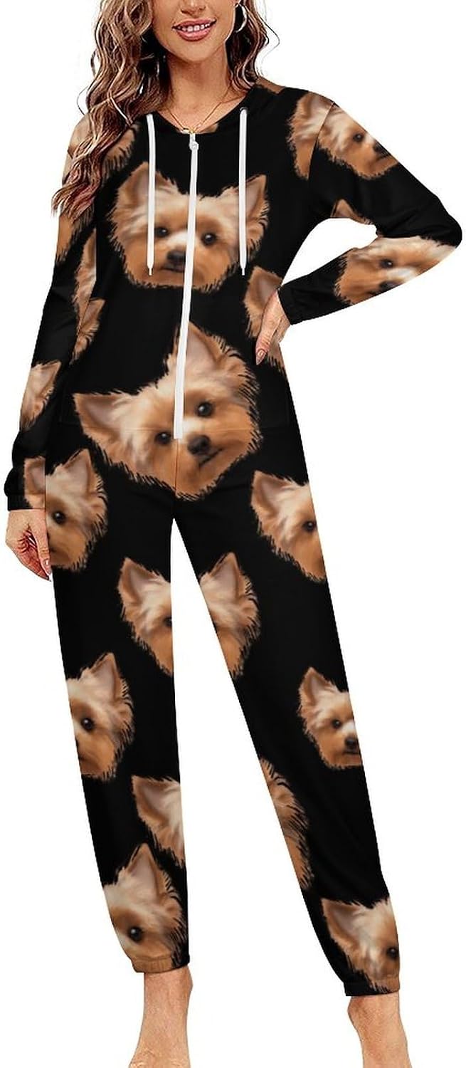 Yorkshire Terrier Cute Yorkie Dog Adult Pajamas Onesie with Hood Pocket Jumpsuits One Piece Sleepwear
