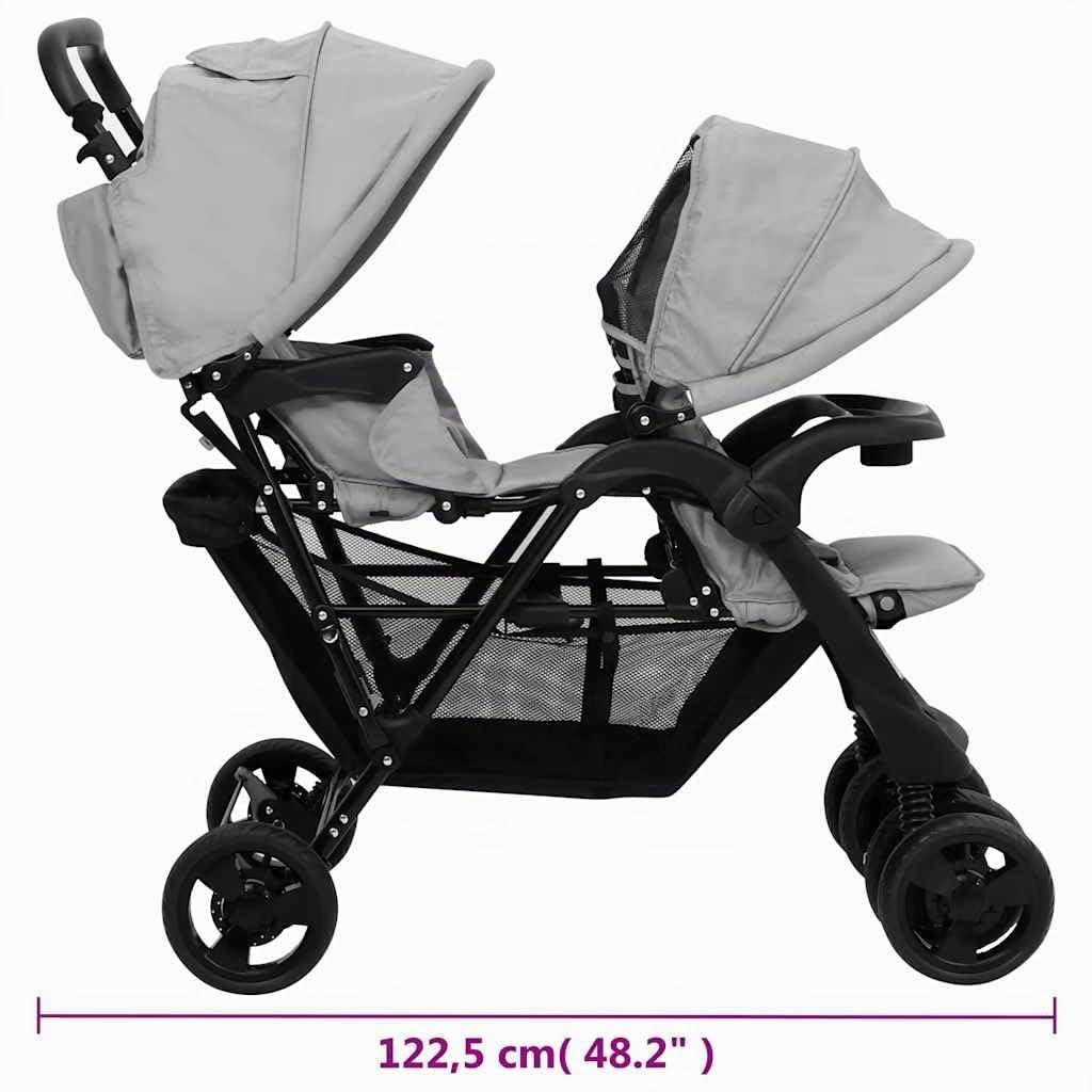 vidaXL Carrito para Gemelos Cochecito Sillita Gemelar Silla de Paseo Canasta Niños Reposapiés Ajustable Dosel Plegable Tándem Acero Gris Claro