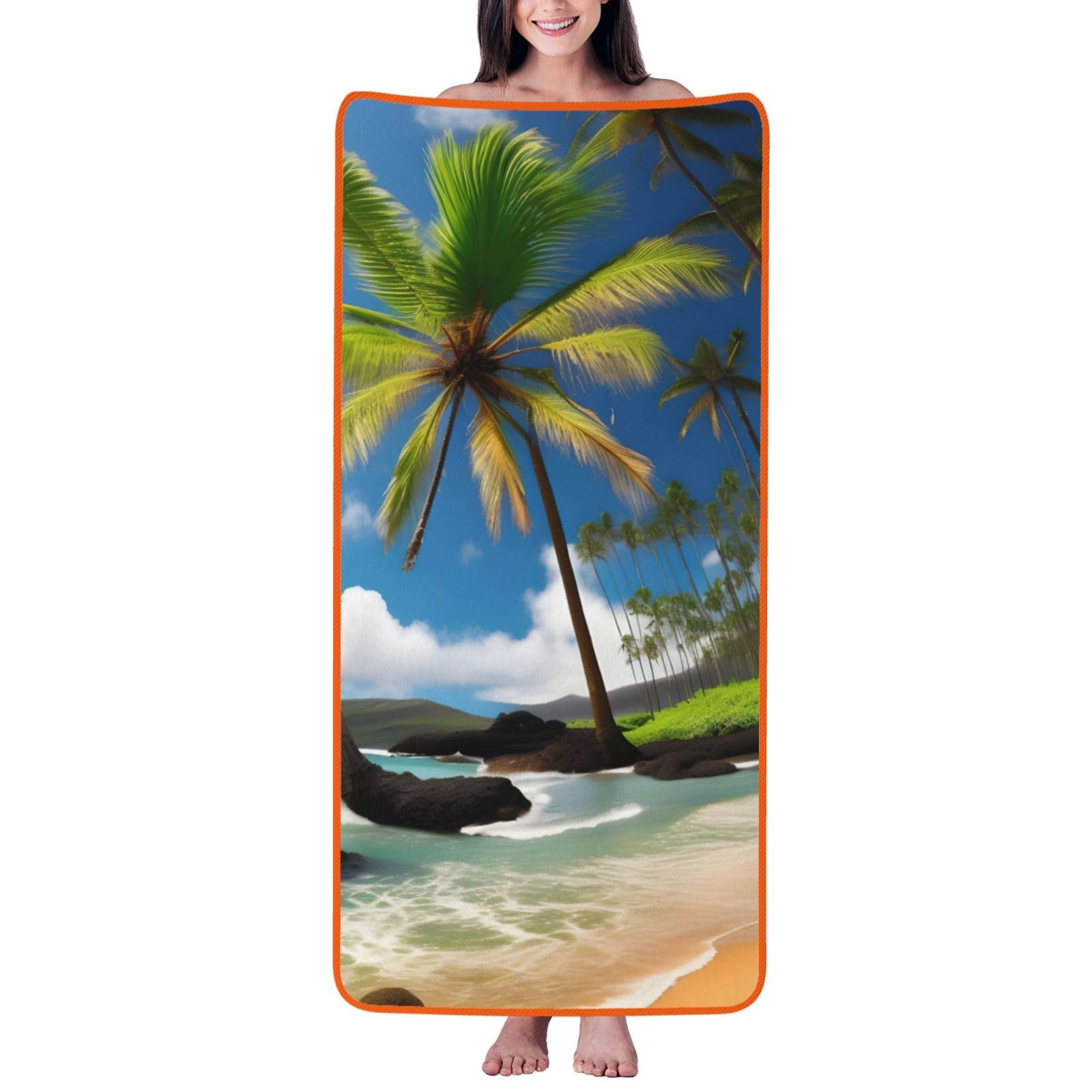 Nimongt Unisex Orange Tropical Palm Tree Hawaii Beach Print Lightweight Comfort Coral Velvet Bath Towel Home Bathroom Hotel Spa Beach Travel