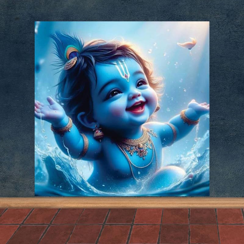Image of British Terminal Cute little Bal Gopal Baby God Krishna| Kanha Ji | Laddu Lord Makhan Chor Painting Religious Poster for Pregnant Women for wall (matt thin vinyl,sticker,multicolor,unframed)| bj75