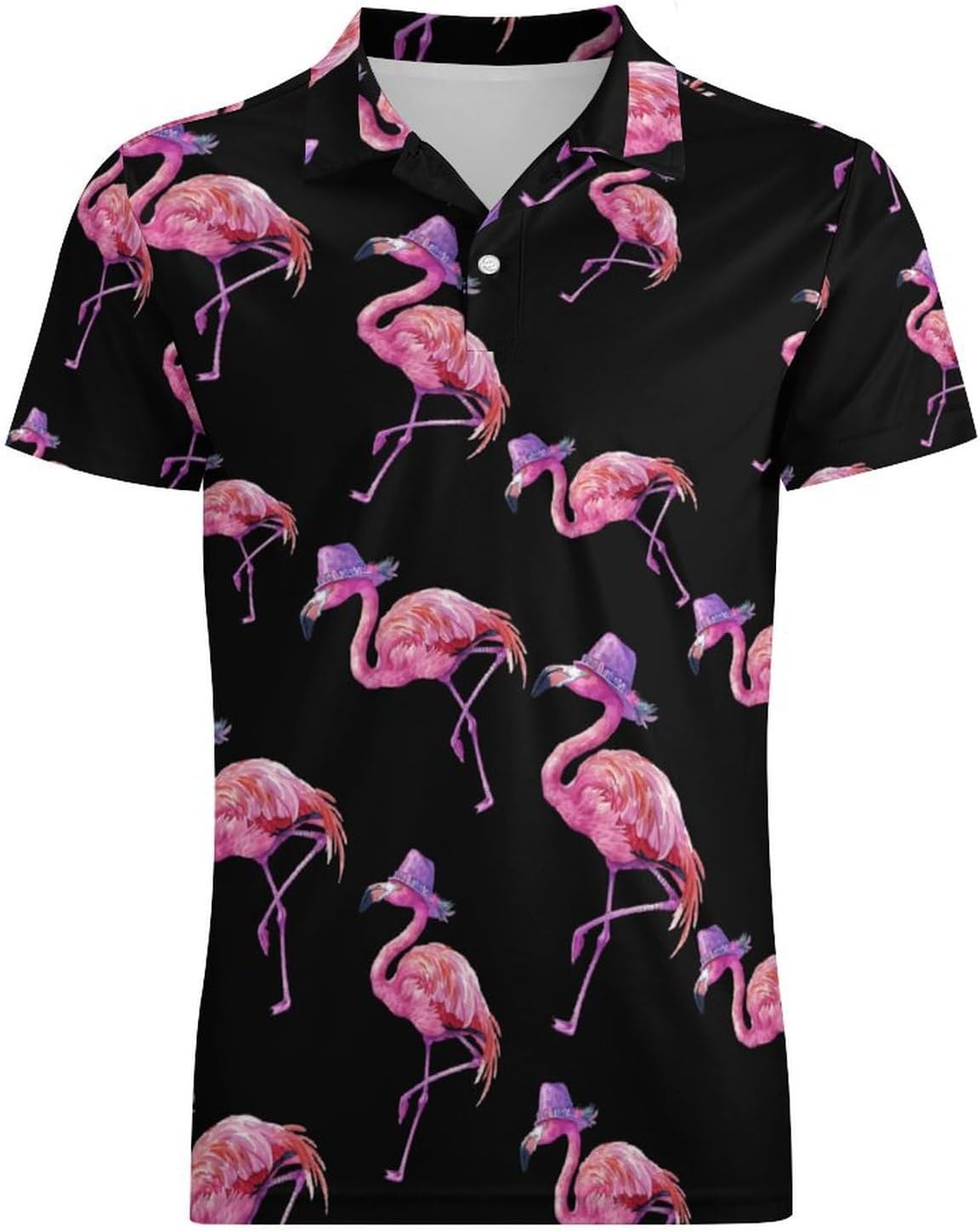 Flamingo with Hat Men's Button Down Polo Shirts Short Sleeve Golf T Shirt Slim Fit Tee Top