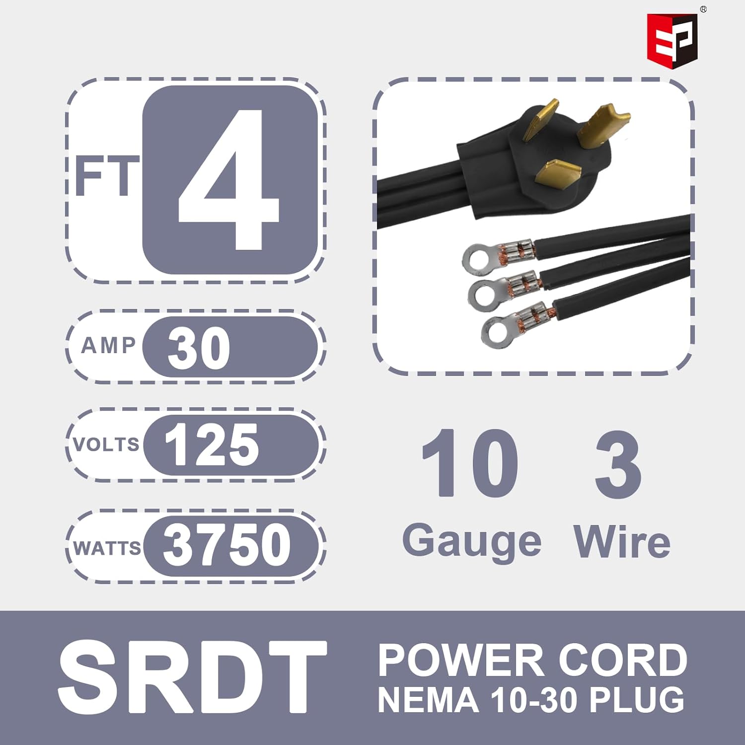 EP 3 Prong Dryer Cord, 4 ft 10/3 SRDT, 30Amp Appliance Extension Power Cord, NEMA 10-30, Black