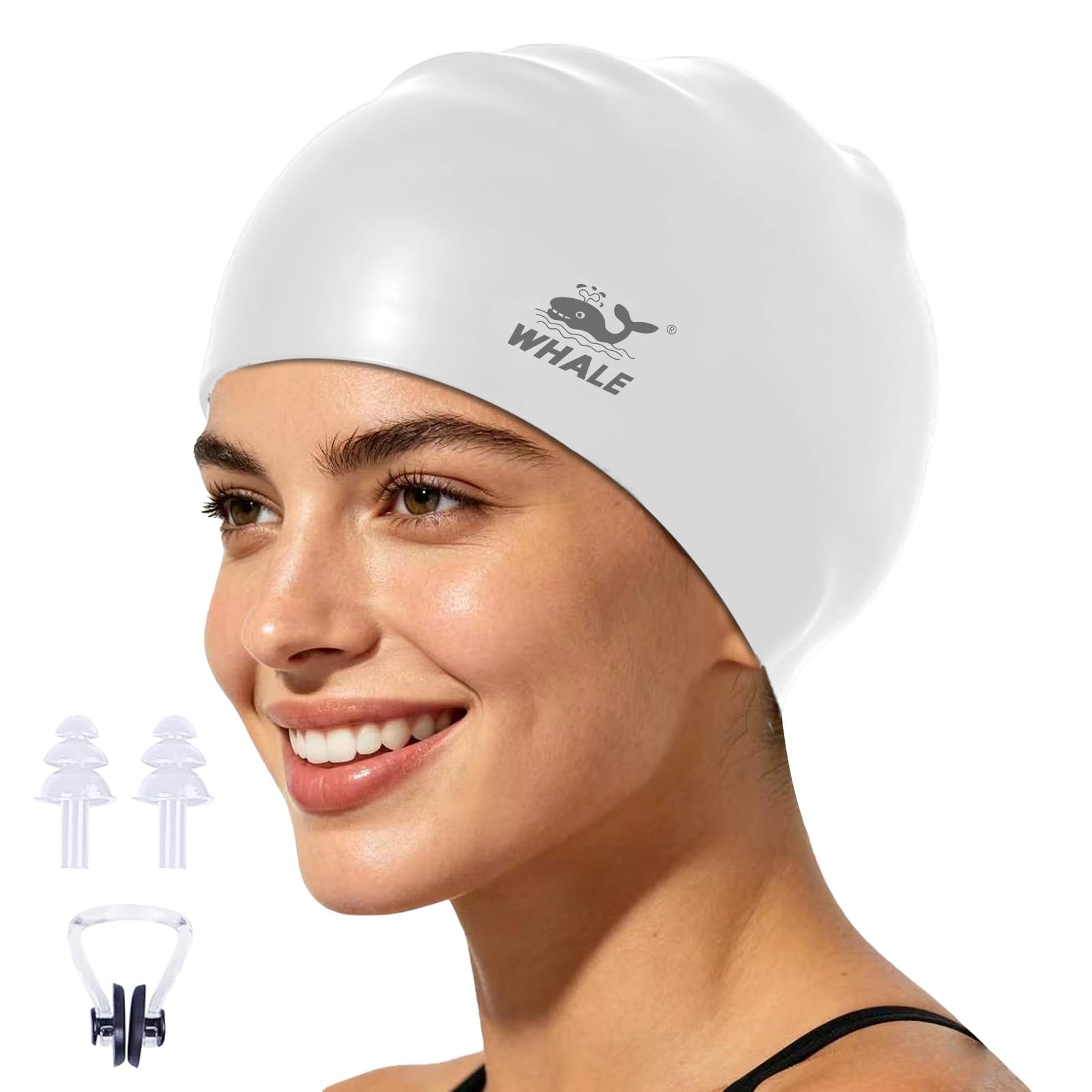 Whale Silicone Swim Cap - Waterproof, Non-Slip, High Elasticity - Keeps Hair Dry, Perfect for Men and Women,Large Swimming Cap (White)
