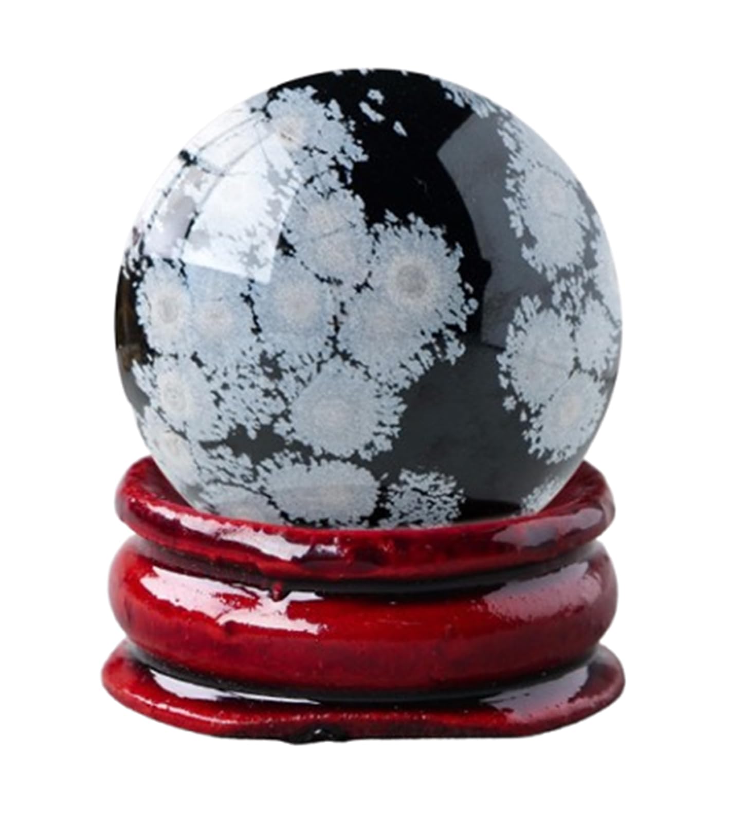 FOPURE Snowflake Obsidian Ball Polished Stone Crystal Sphere Sculpture Figurine with Stand Home Decorative Crystals, 40~45mm