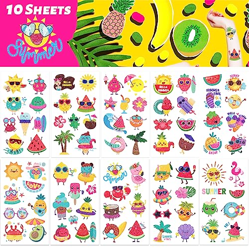 10 Sheets Summer Glitter Fruit Temporary Tattoos For Kids, Glitter Safety Waterproof Tattoos Stickers, Summer Party Decorations And Hawaiian Luau Themed Temporary Tattoos, Suitable For Summer Beach Pool Summer Party Favors (90 Pcs) #TOP3