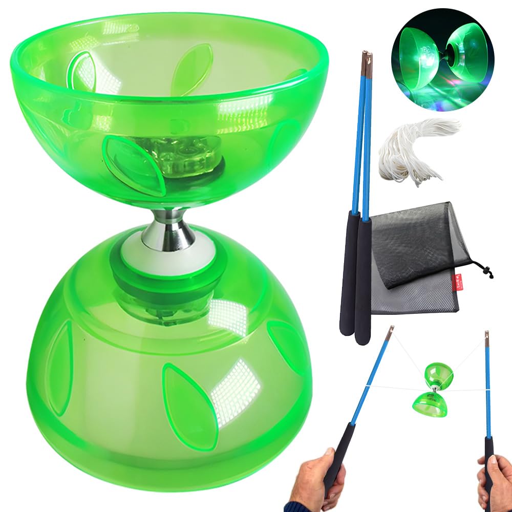 Diabolo Freiläufer mit Kugellager, LED Diabolo mit 3 Farben Blinkendes, Dreifache Lagerung Set mit Ersatzseil 10m, Netzbeutel und Profi-Stange, Dreifachlager für Erwachsene (Grün)