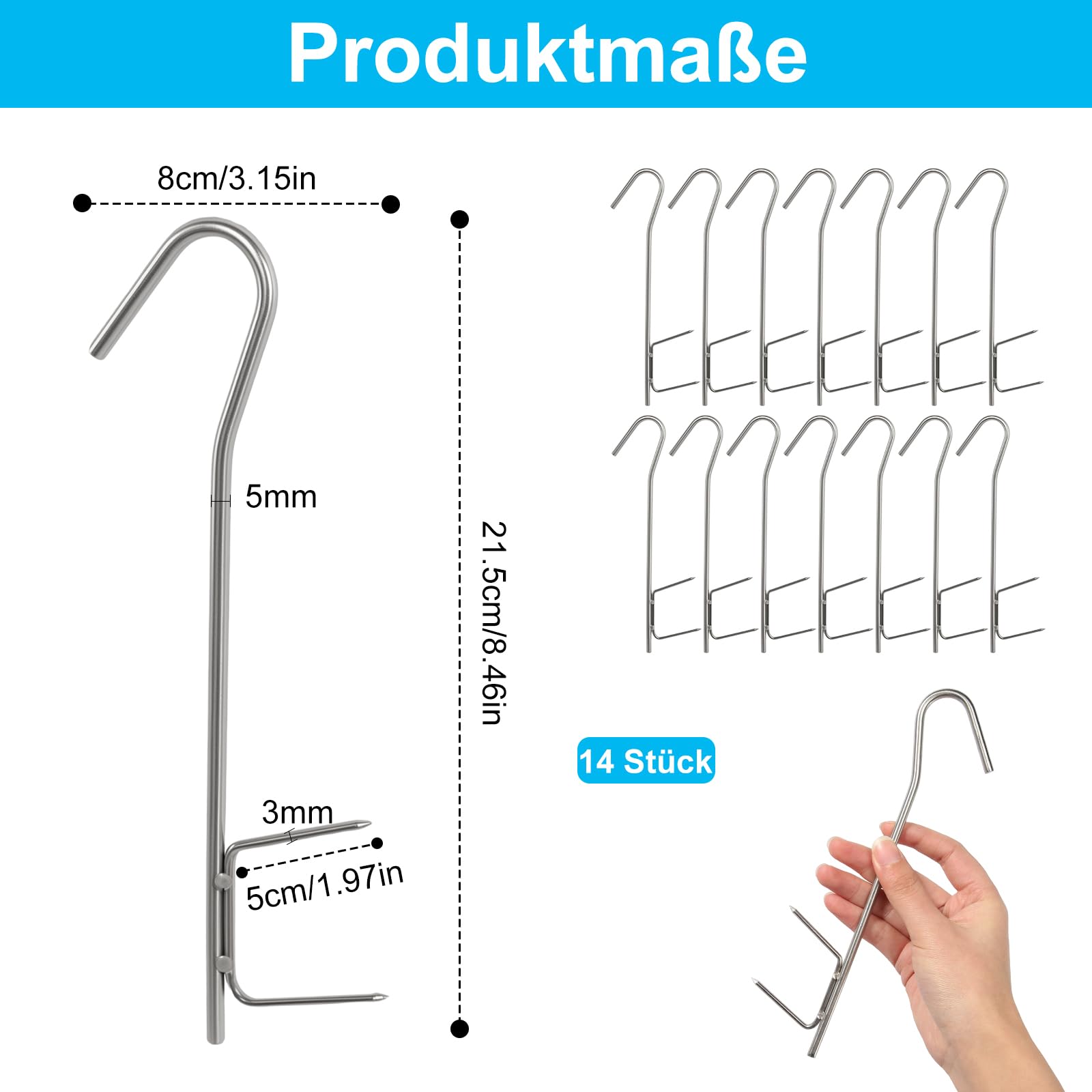 14 Stück Räucherhaken, Fleischerhaken Edelstahl Fleischhaken H-Form 21cm Silver Profi, Groß Fleischerhaken für Fleischverarbeitung Räuchern Fisch Forelle Lachs - 3