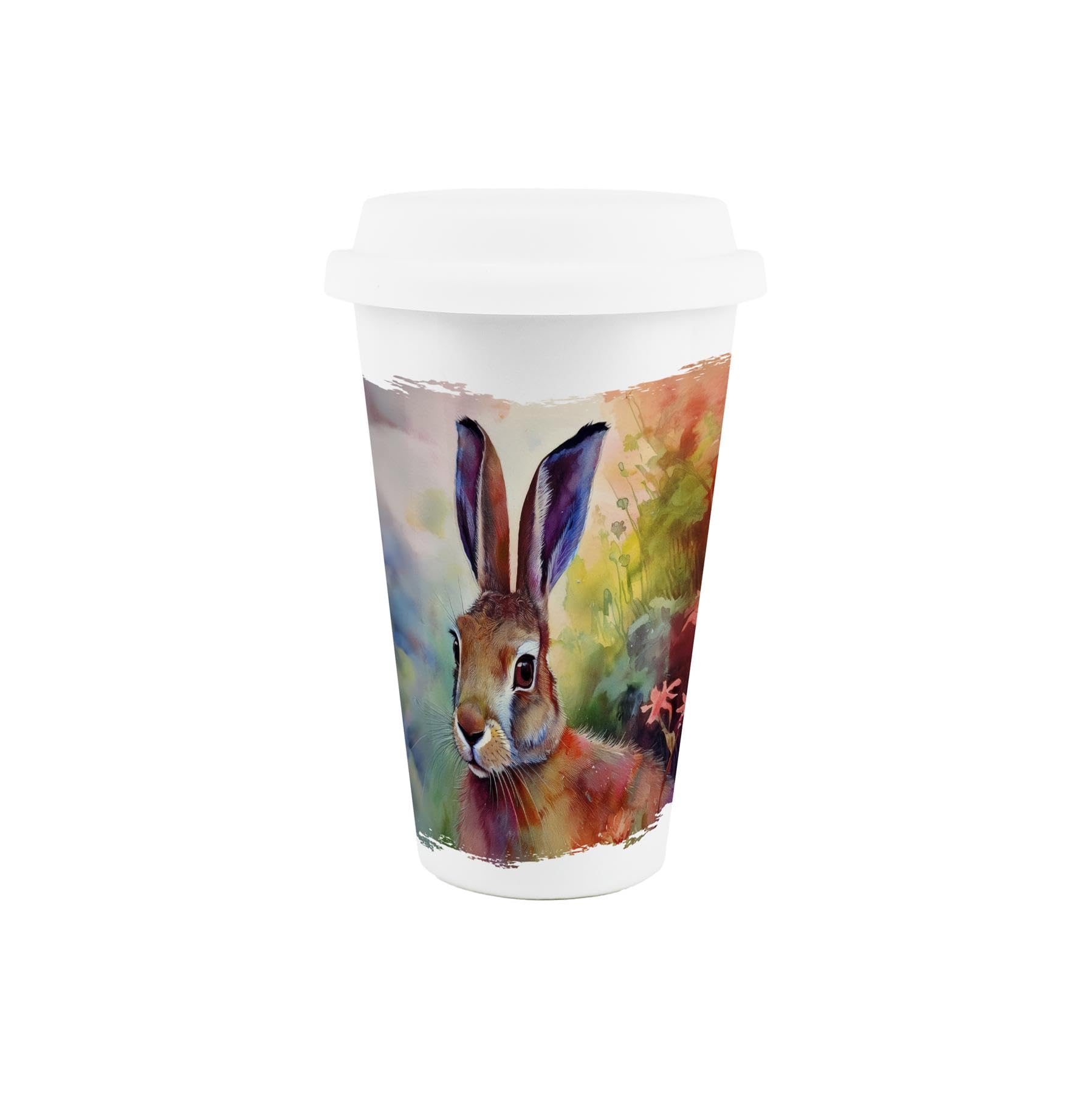 Purely Home Vivid Hare Ceramic Travel Mug - Colourful Countryside Wildlife Gifts for Animal Lovers - Reusable Silicone Lid Double-Walled Insulated Drinks Flask Cup