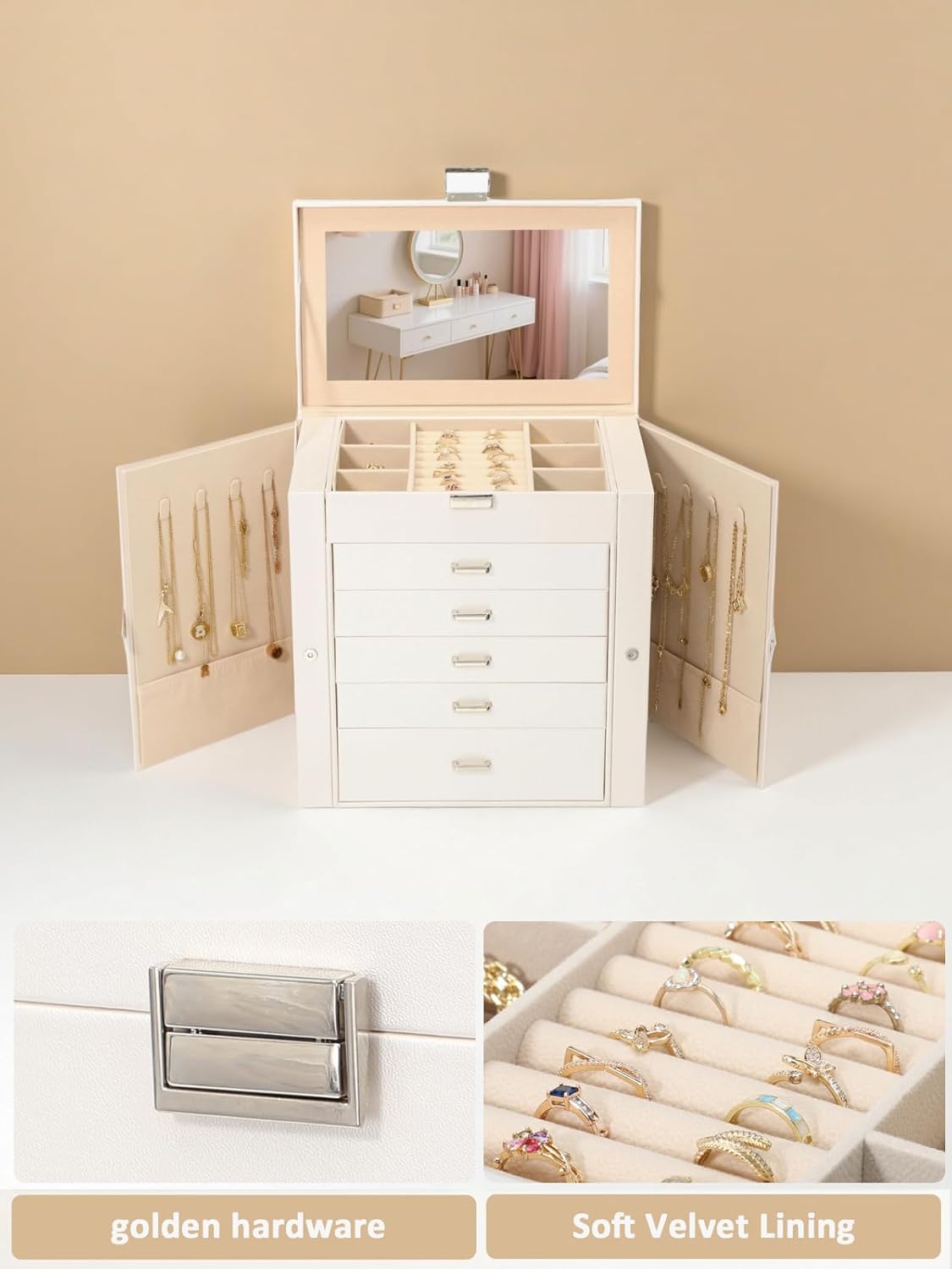 BOOVO Jewelry Box For women, 6 Layer Large Jewelry Organizer With Mirror, Multi-Function Storage Box With Lock, Accessory Holder With 5 Drawers, For Earrings Necklace Ring Bracelet (Pearl White) - Image 4