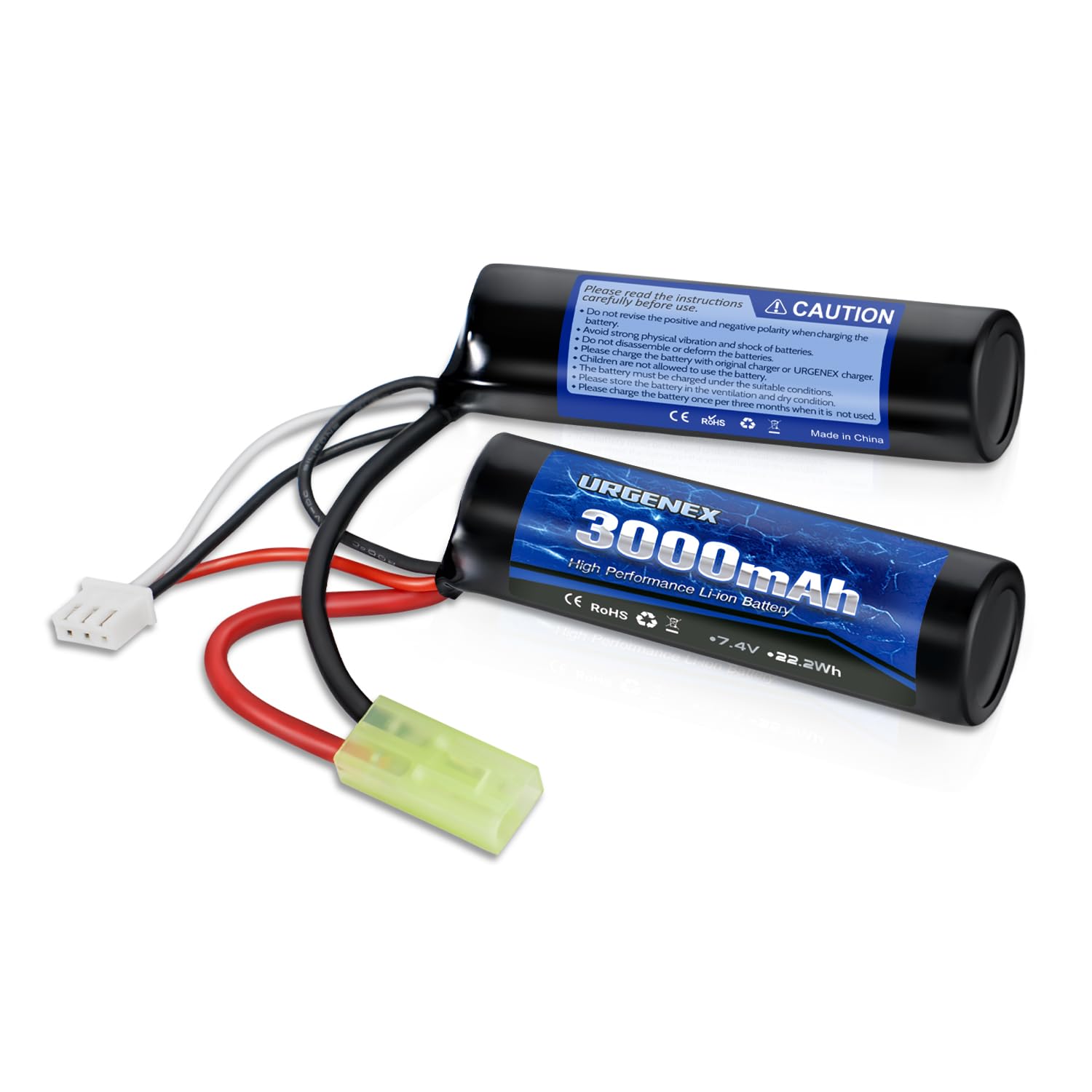URGENEX 3000mAh Airsoft Battery 7.4V Nunchuck Battery with Mini Tamiya Plug 2S Rechargeable Stick Shape Butterfly Fit for Most Airsoft Model Guns Rifles
