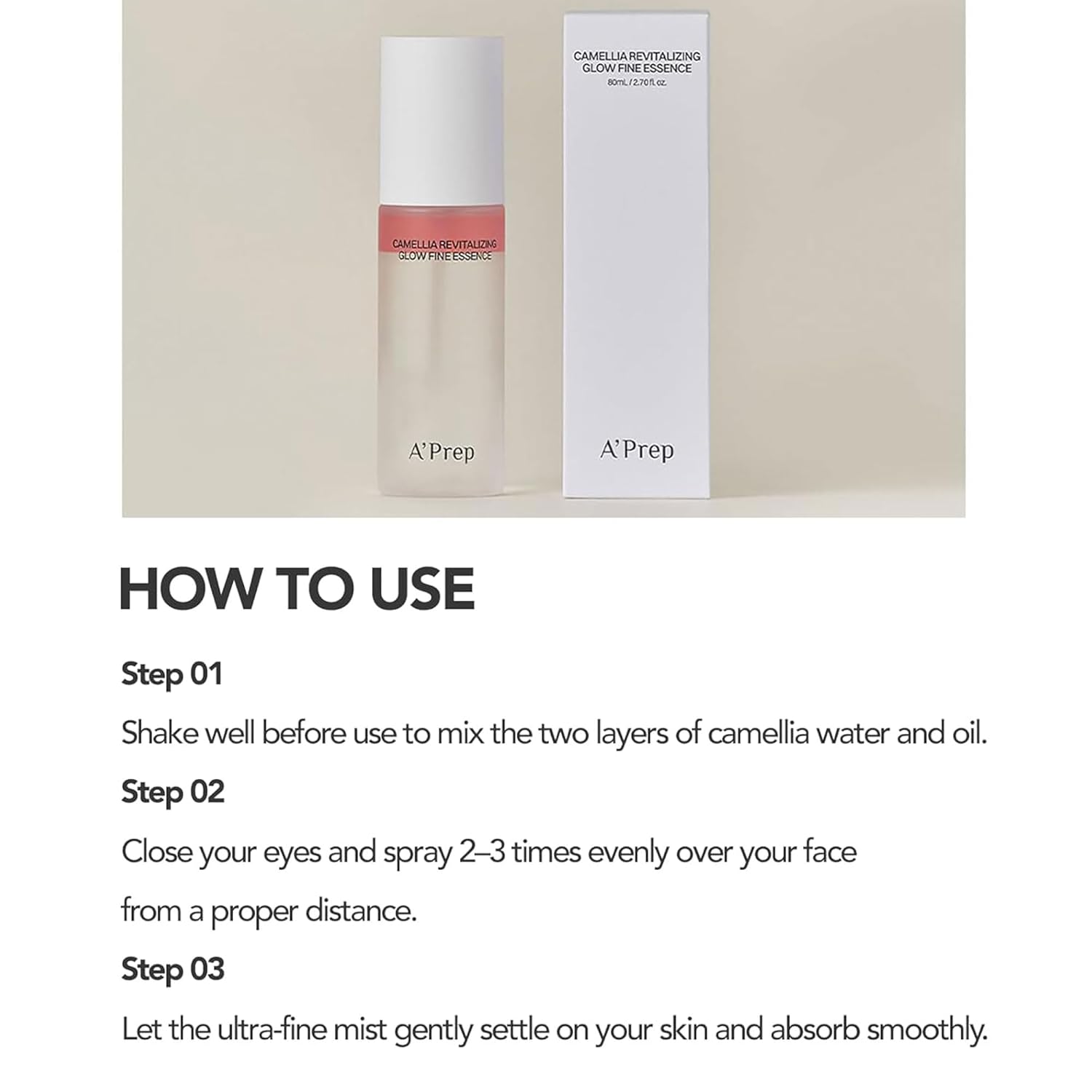A'Prep Camellia Revitalizing Glow Fine Essence - Hydrating Facial Spray Serum & Setting Spray for Makeup with Niacinamide & Hyaluronic Acid - Korean Face Mist 80ml - Image 7