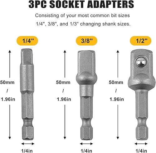 Miniatura 2 de Juego de adaptadores de enchufe de grado de impacto, 3 piezas de extensión de 1/4 pulgadas, 3/8 pulgadas y 1/2 pulgadas Cr-V, adaptador de taladro