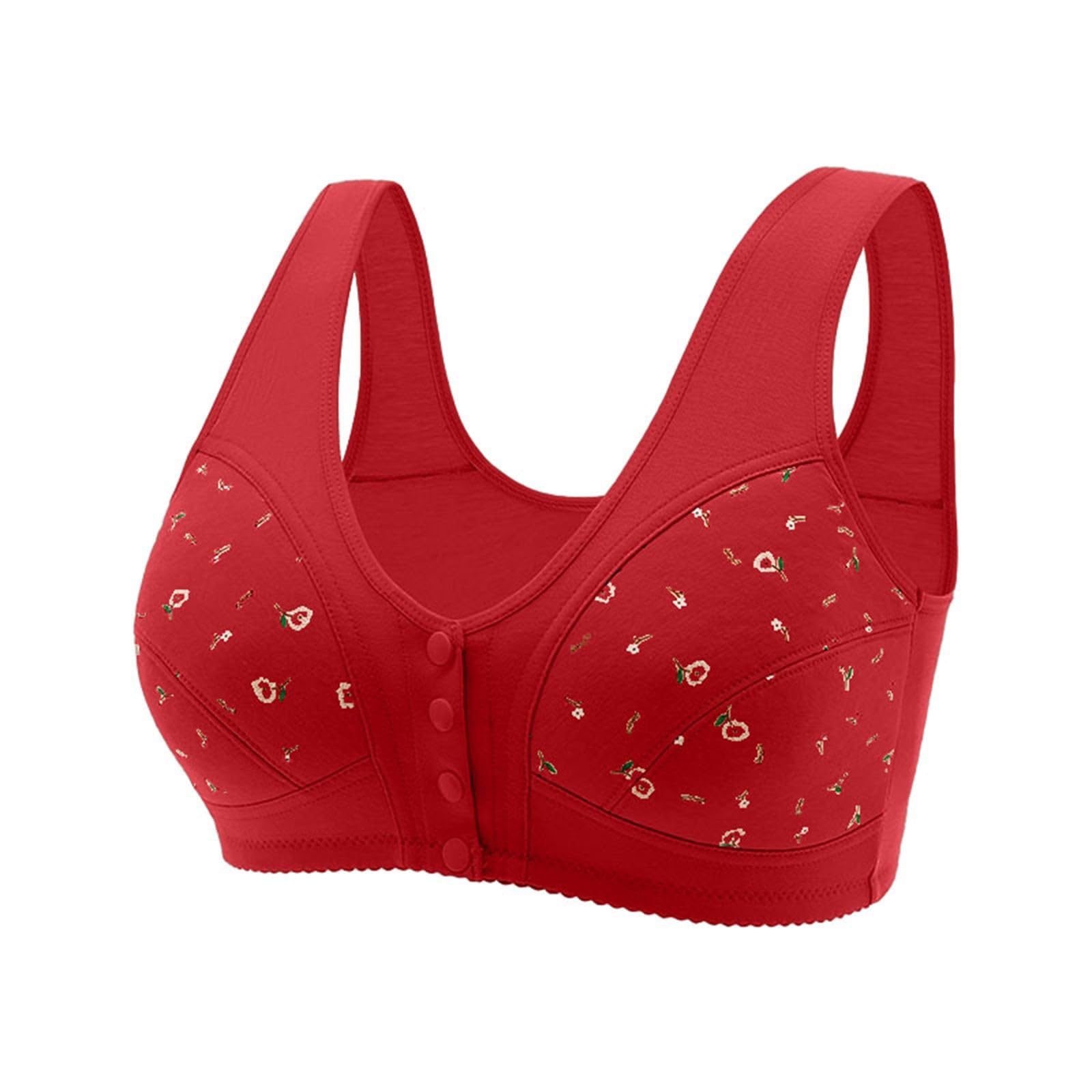 Daisy Bras for Older Women Front Closure Convenient Everyday Bras Mid Buttons Comfortable No Underwire Gathering Bras 3X-Large 1-red
