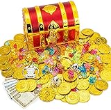 Kinder Piratenkiste Spielzeugkiste, Goldene Rote Schatztruhe mit Schloss und Schlüsseln, Edelsteine, Gold Piraten Münzen,Piraten Abzeichen,Ketten,Ringe,Totenkopf Ohrringe für Kinder Party Favor Sets.
