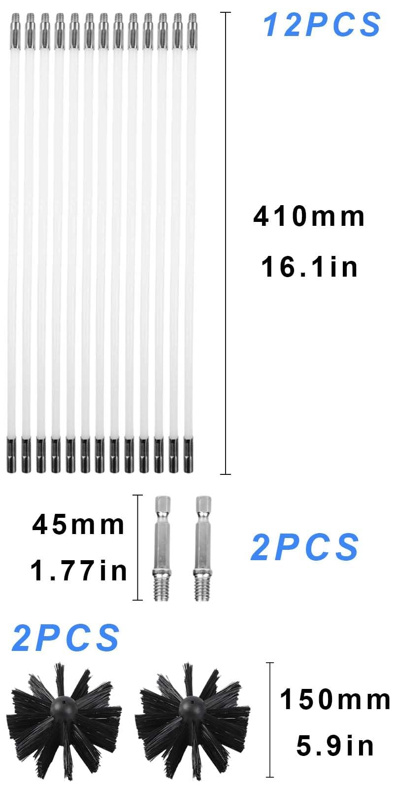 12 Varillas de Cepillo,2 Cabezales de Cepillo y 2 Varillas hexagonales,Cepillos para chimeneas,Cepillo para Limpieza de chimeneas,Limpieza de chimeneas,Adecuado para chimeneas