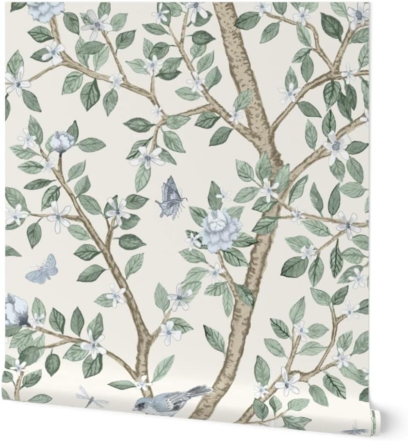Peel & Stick Wallpaper 6ft x 2ft – Traditional Peony Chinoiserie Silver Spruce Tan and Soft Blue Grandmillenial Custom Removable Wallpaper by Spoonflower