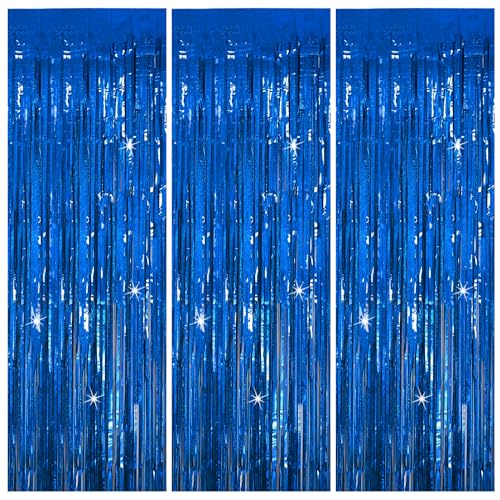 BOMSI 3 Pack Blue Backdrop Party Streamers Ocean Themed Decor Birthday Party Decorations Foil Fringe Backdrop Curtain Graduation Bachelorette Winter Holiday Gender Reveal Party Decorations Supplies