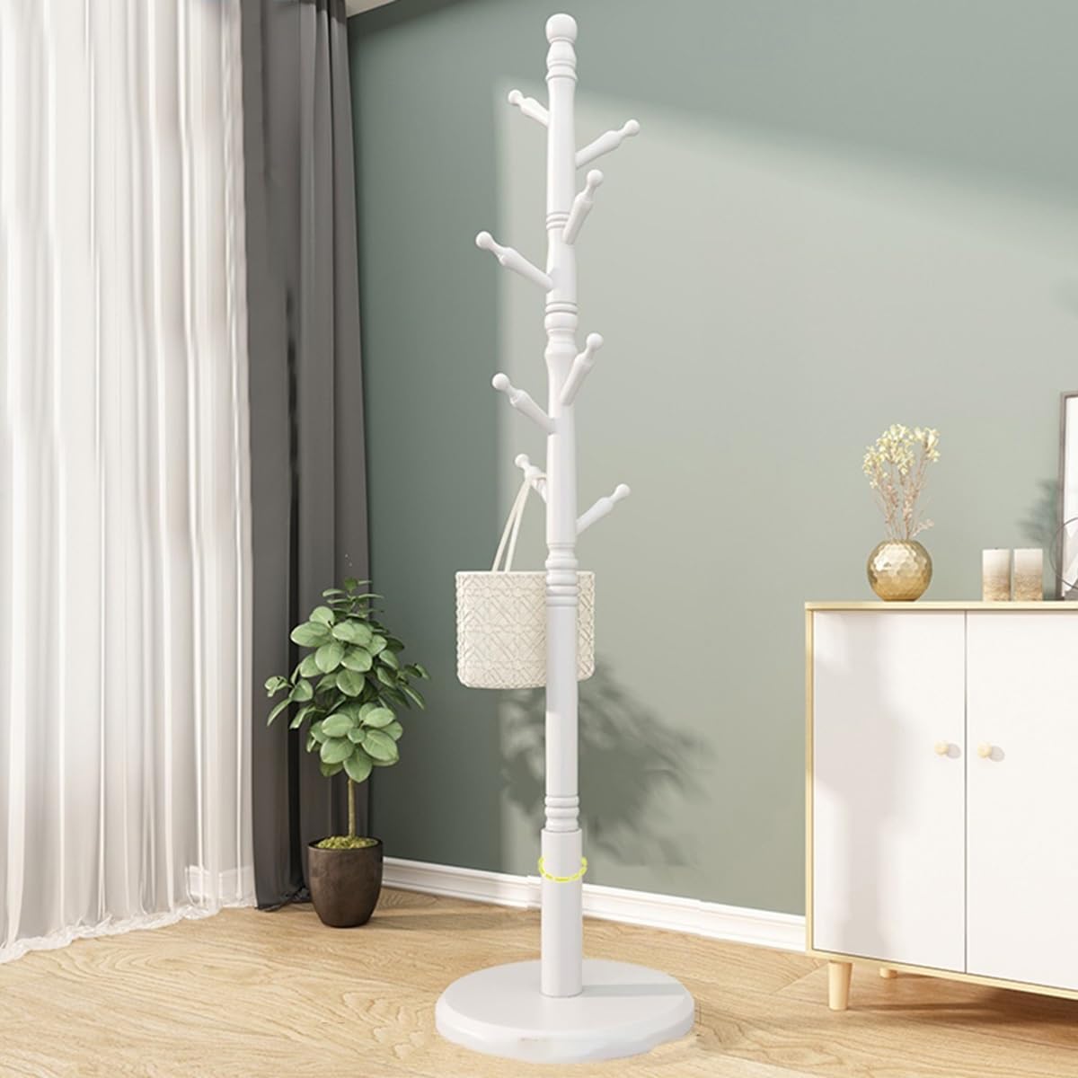 FCXWEVR Wooden Coat Rack with 8 Hooks Adjustable Height Freestanding Hanger for Hallway Hats Bags Umbrellas Clothes Scarves - Round Base (White)
