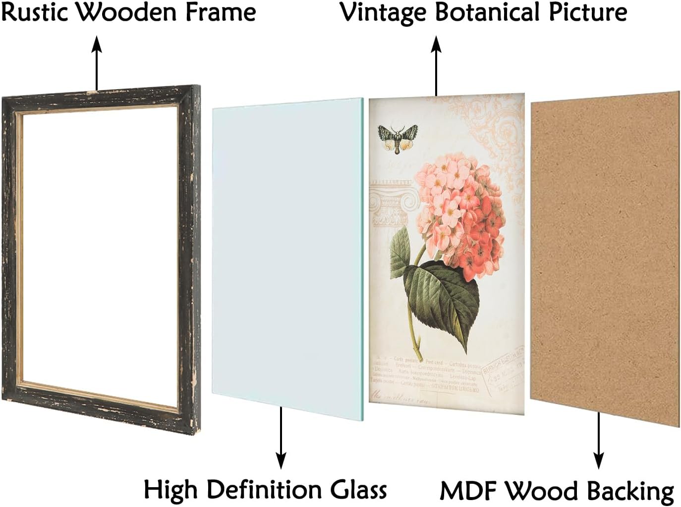 NIKKY HOME Vintage Botanical Wall Art Set of 2, Rustic Wooden Framed Floral Flower Plant Butterfly Pictures Prints Poster Decor for Bathroom Bedroom Living Room Kitchen Office, 13 x9 Inch