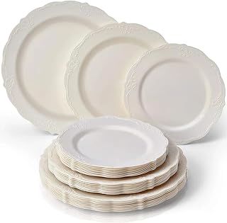 Silver Spoons Vintage Collection Cream Plastic Plates Combo Set - 10.25", 9", 7.5" (10 Each Set) - Ideal for Weddings, Anniversaries, Birthdays & Special Celebrations