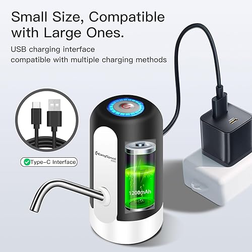 Vista 6 de Dispensador de agua EASY SPEED para botella de 5 galones, bomba eléctrica portátil con 2 adaptadores, carga USB-C, batería, dispensador automático