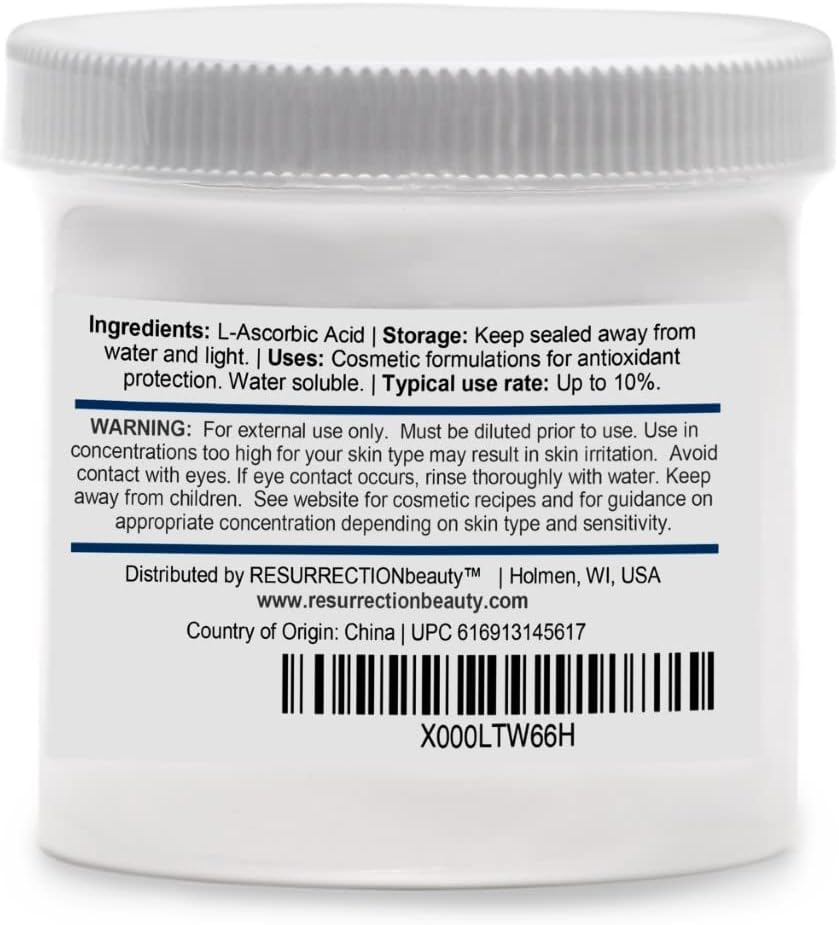 100% Pure L-Ascorbic Acid (Cosmetic Vitamin C Powder for Face) to Make Your Own Premium Beauty Serum, Skincare Mask Treatment, Hyaluronic Serums with Vit C & DIY Facial Skin Care Products 6 OZ