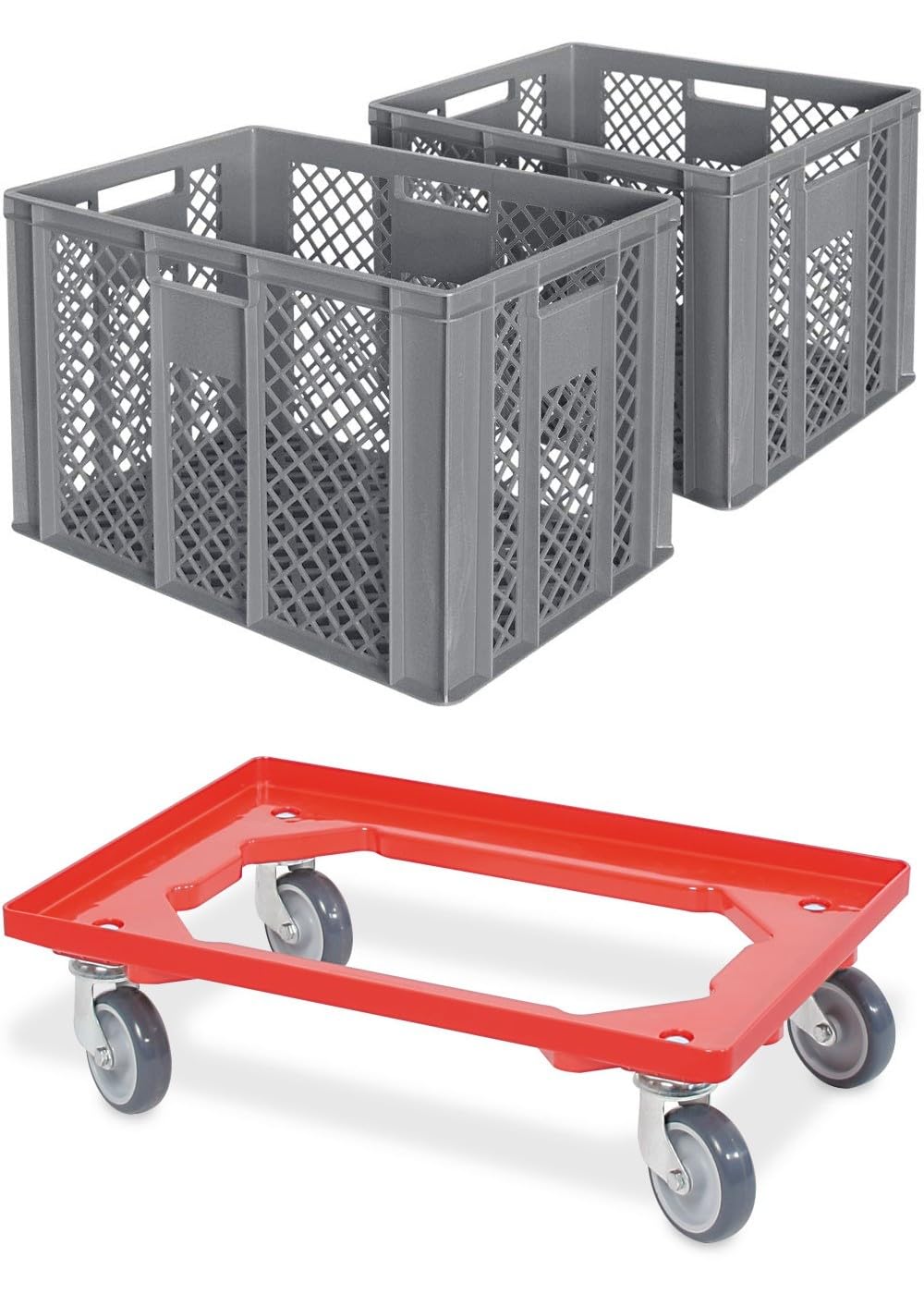 BRB Lot de 2 bacs euro/caisses de boulangerie, L x l x H 600 x 400 x 410 mm avec chariot de transport (gris)