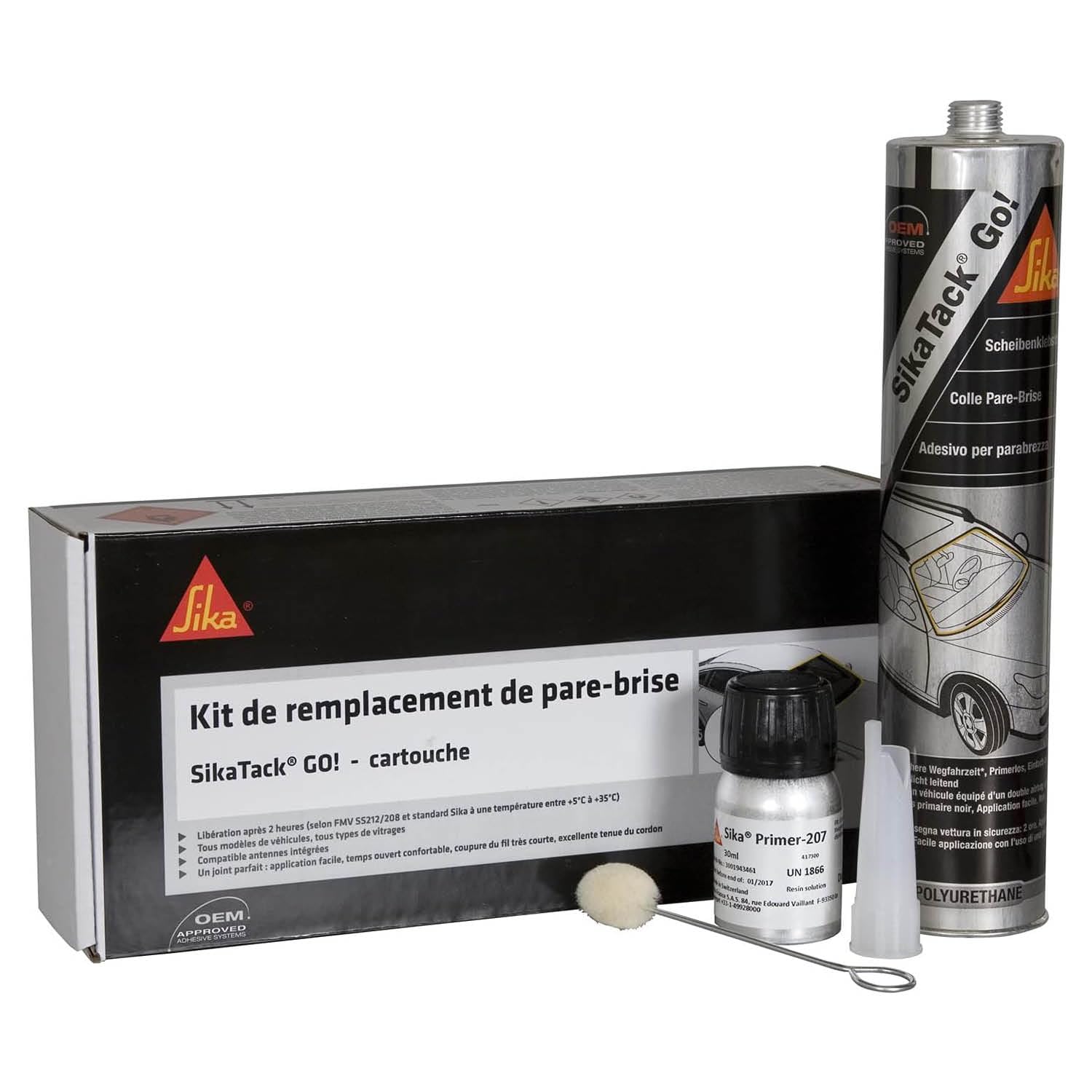 SIKA - Kit de remplacement de pare brise - SikaTack Go - Tout en un - Séchage rapide en 2 heures - Tous types de véhicules - Cartouche + Primer