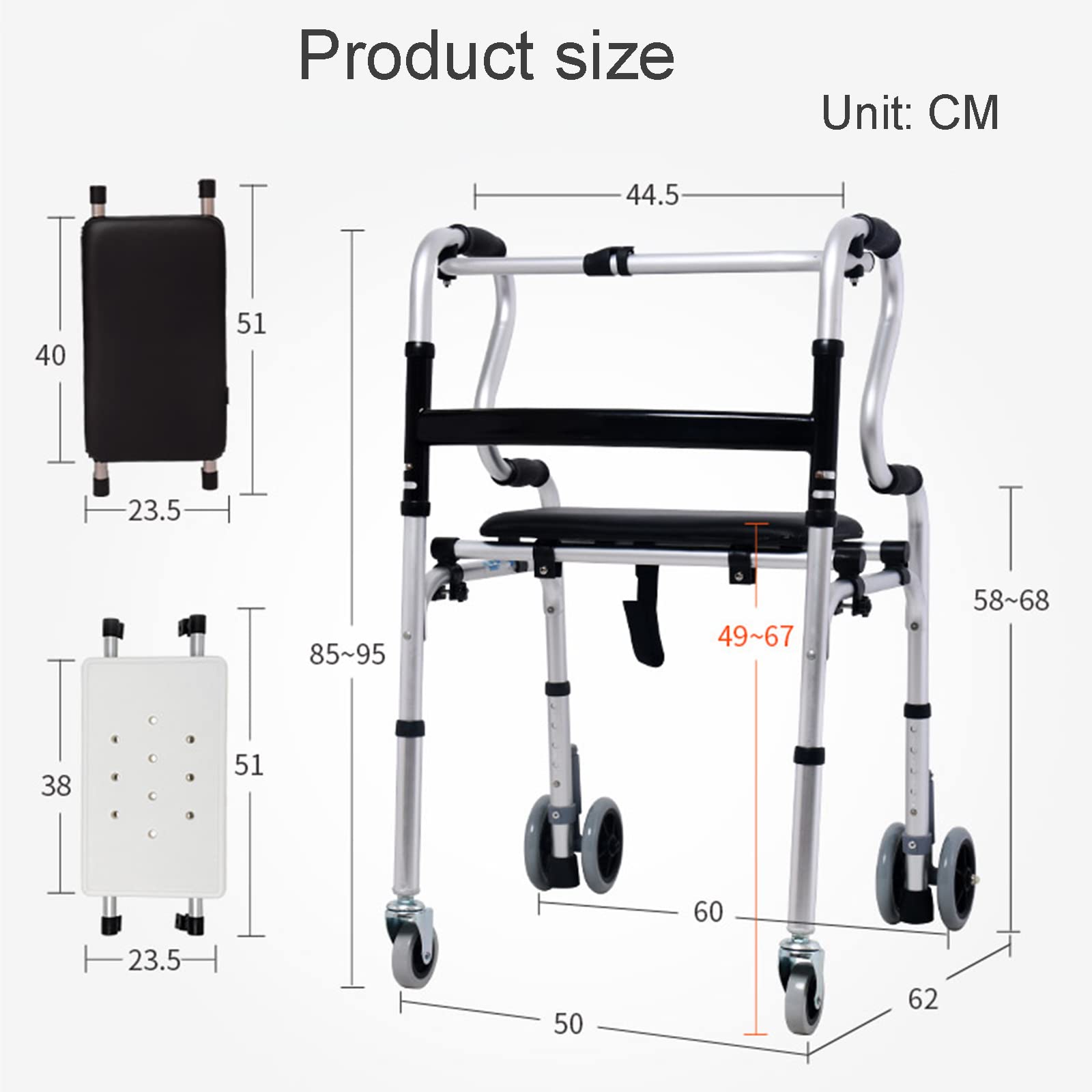 Andador con Ruedas Andadores para Personas Mayores Andadores Ligeros para Personas Mayores para Personas Mayores Ajustables con Asiento y Bolsa de Almacenamiento, D