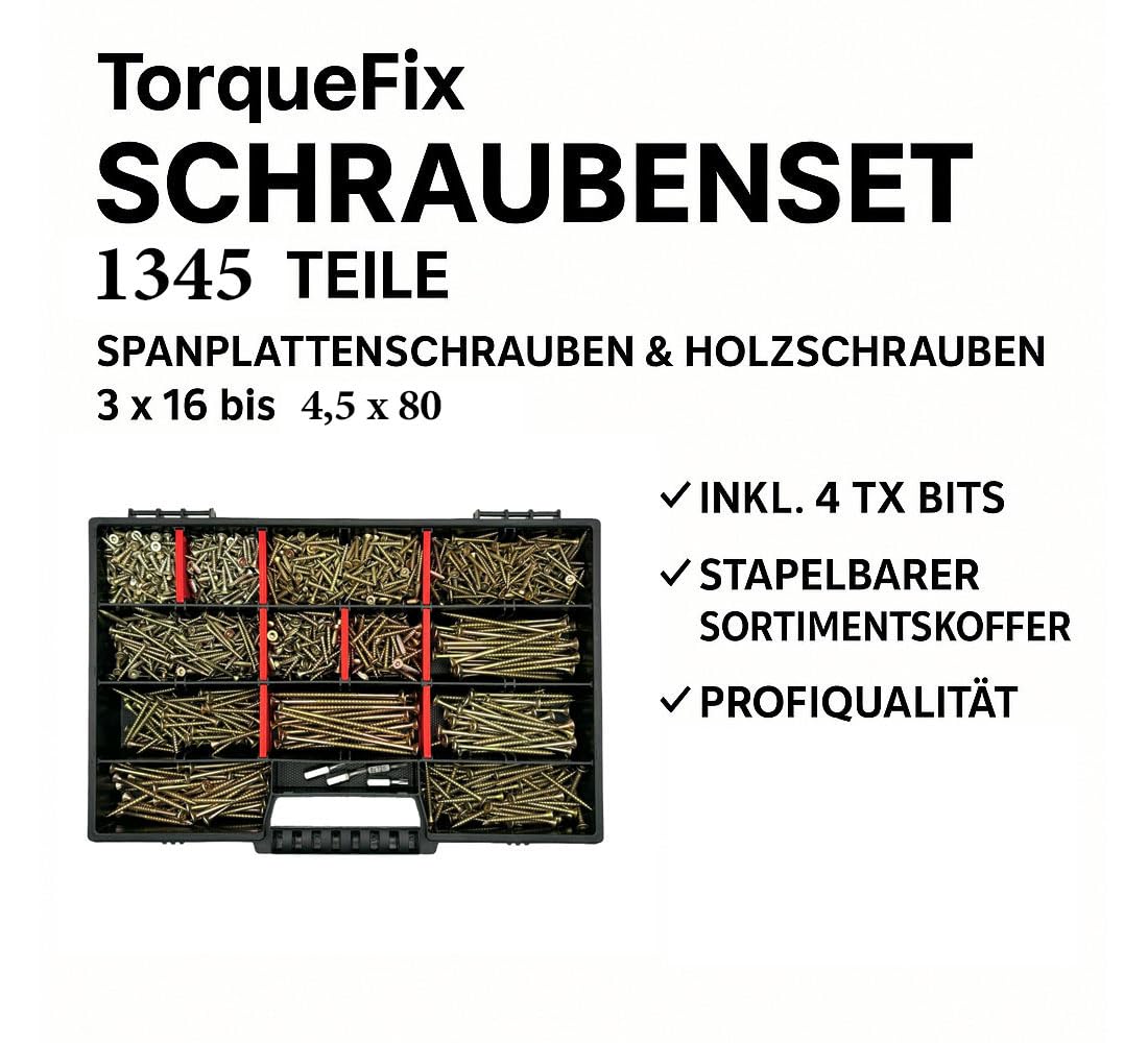 FRACKMANN Schraubenset 1345 Teile – Holzschrauben & Spanplattenschrauben 3x12 bis 4,5x80 – inkl. 4 TX Bits & Sortimentskoffer – Profiqualität