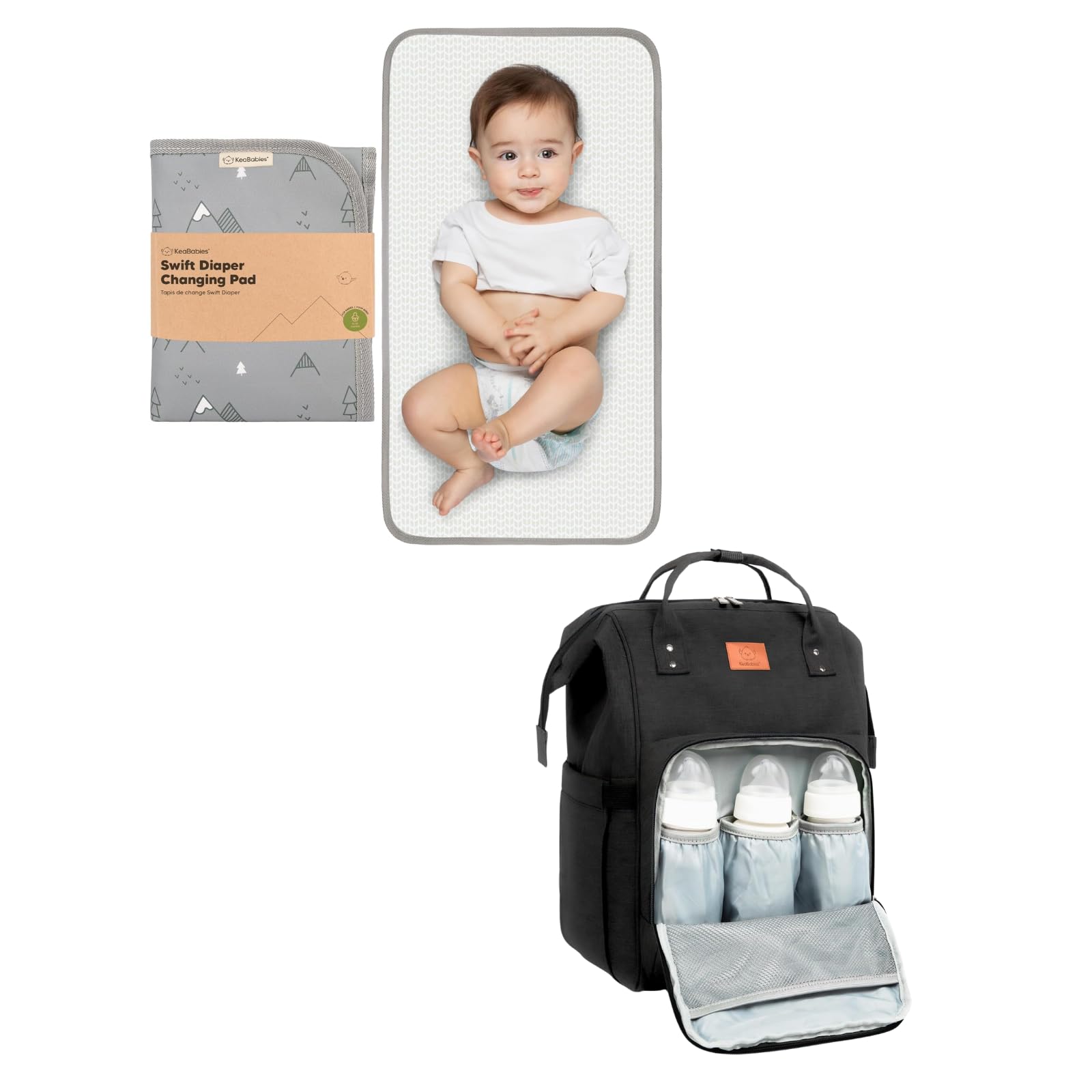 KeaBabies Portable Diaper Changing Pad and KeaBabies Diaper Bag Backpack - Waterproof Foldable Baby Changing Mat - Waterproof Multi Function Baby Travel Bags