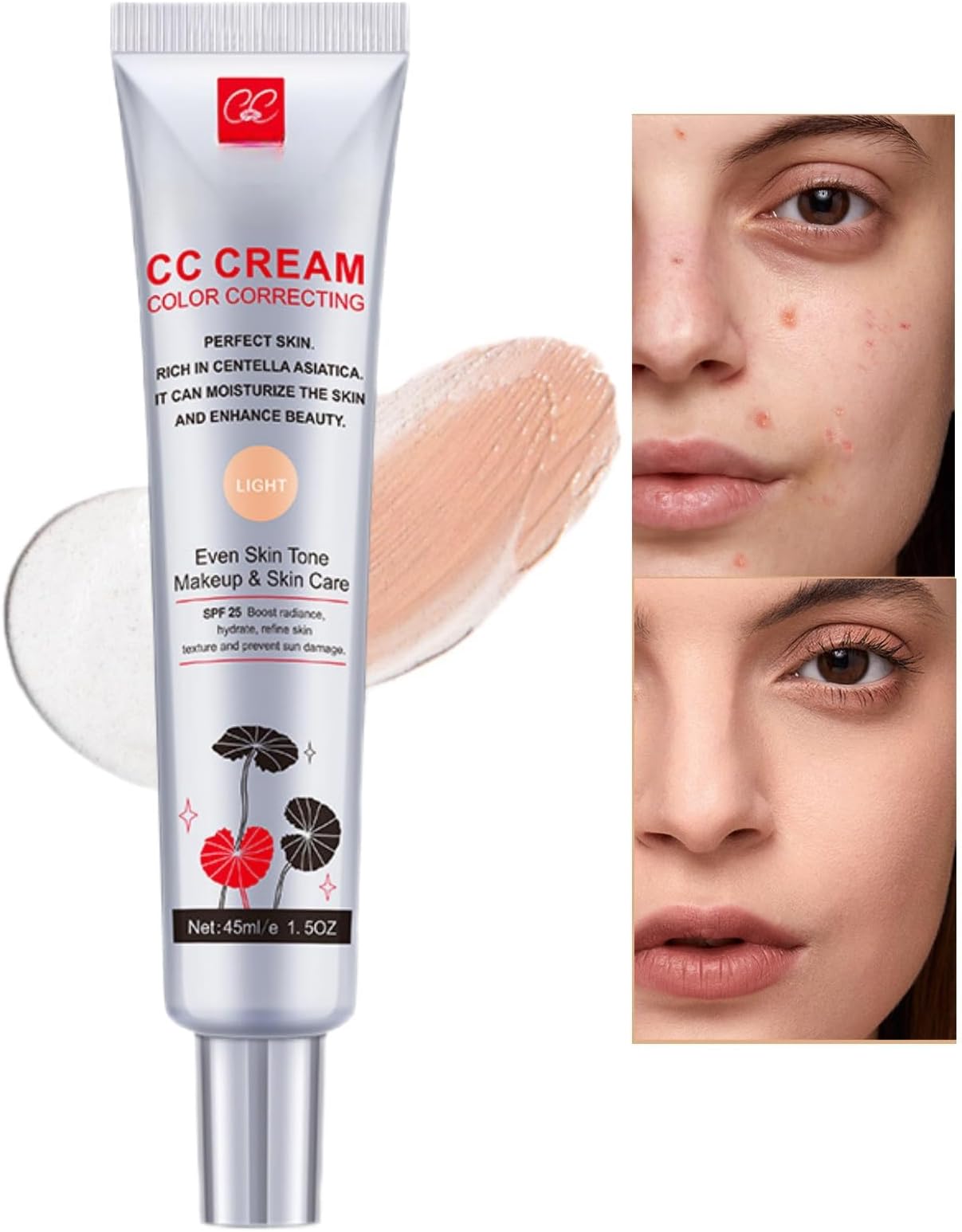 CC Cream with Centella Asiatica, Color Correcting CC Cream, Colour Correcting Concealer, Even Skin Tone, Tinted Moisturiser and Brightening Face Cream, Boost Radiance