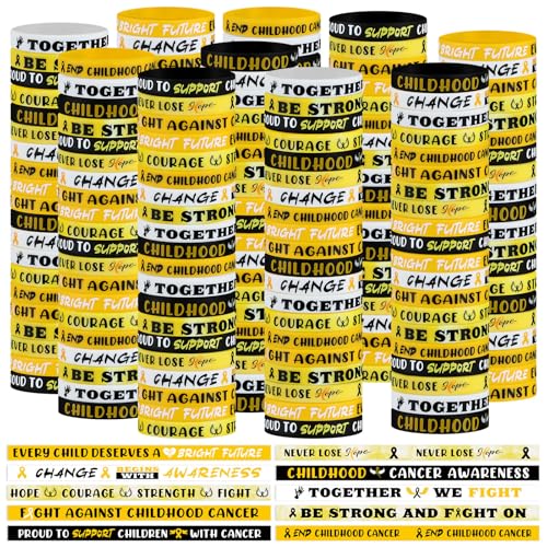 Foilswirl 200 Pcs Childhood Cancer Awareness Silicone Bracelets Bulk Cancer Prevention Awareness Support Gold Ribbon Wristbands Gift for Women Man Public Social Charity Welfare Event