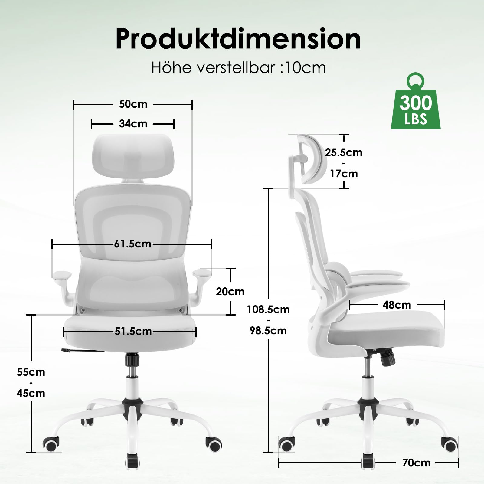 Farini Ergonomischer Stuhl Büro Computer Stuhl mit Rollen Schreibtisch für Bequemer Home Office Höhenverstellbar Chefsessel Bürostuhl mit Kopfstütze, Grauweiß