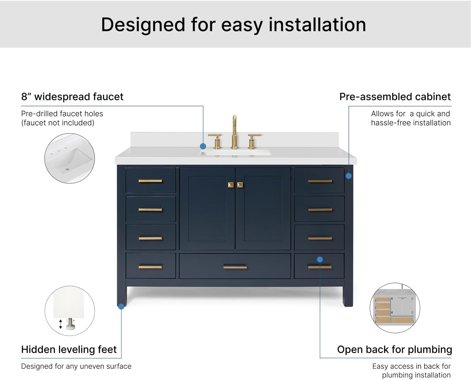 ARIEL Cambridge 54-inch Bathroom Vanity with Sink,Solid Wood, 1.5-inch Pure White Quartz Countertop, Single Rectangular Porcelain Sink, 2 Soft Closing Doors, 9 Dovetail Drawers, Midnight Blue
