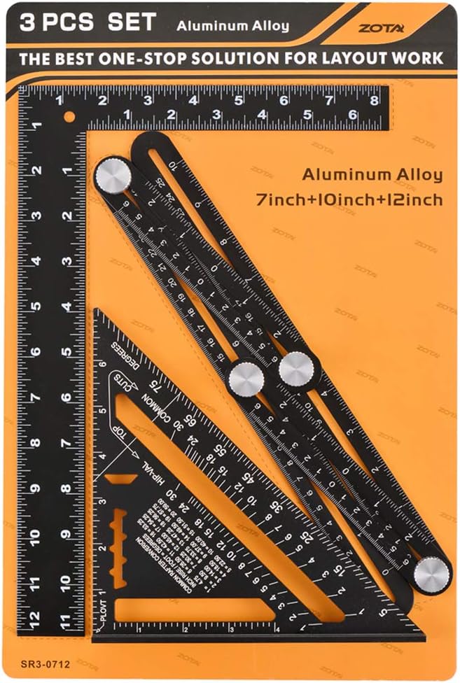 ZOTA Tool Gifts for Men, Multi Angle Measuring Ruler + Rafter Square 7" + L Framing Square 8"x12", Heavy Duty Aluminum Alloy with Laser Etched Markings - - 