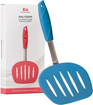 Kitchen Mama WaltzGrip Platinum Silicone Pancake Spatula Turner, Blue | Heat Resistant Flexible, Stainless Steel Core, Nonstick, Dishwasher Safe