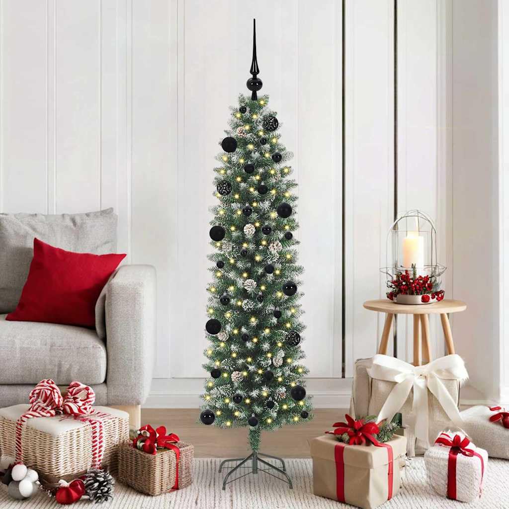 Sztuczna smukła choinka, zielono-biała 150 cm, z 150 diodami LED, końcówki z PCW, 8 trybów, zasilanie USB, do użytku wewnątrz i na zewnątrz