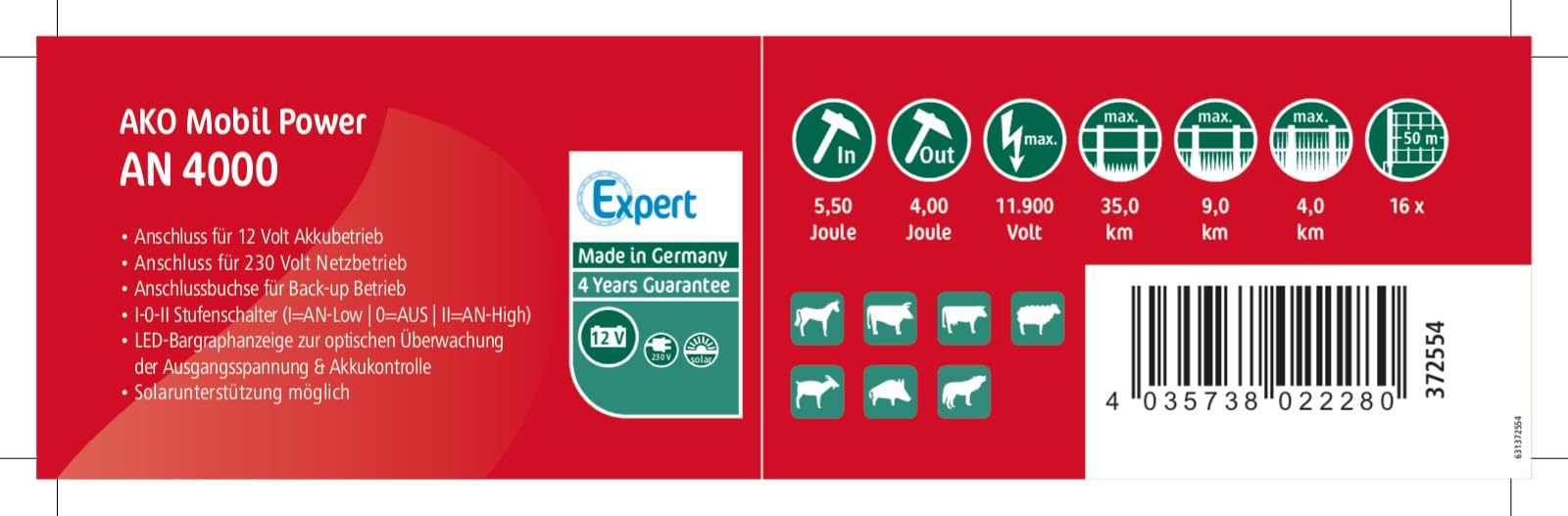 AKO Mobil Power AN 4000, Weidezaungerät Expert, 12 V Akkugerät, Input Joule: 5.50 J, max. Spannung: 11.900 V, für Zäune bis: 35 km, 5 Jahre Garantie, Made in Germany
