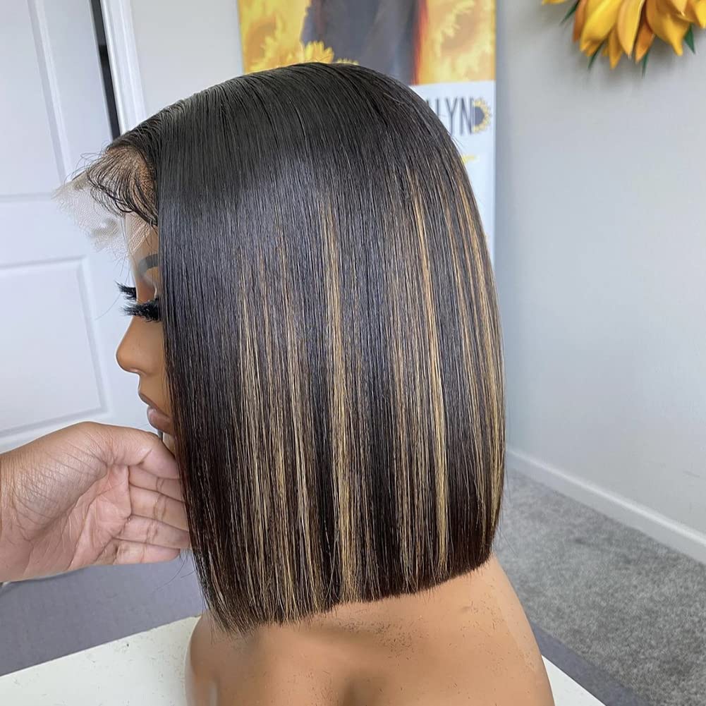 Short 13x4 Lace Front Bob Wigs Pre Plucked Straight Honey Blond Ombre Color Highlight Lace Frontal Brazilian Virgin Human Hair Wigs with Baby Hair for Women Silk Base Like Real Scalp (12, 4x4 Lace Closure Wig 130 Density)