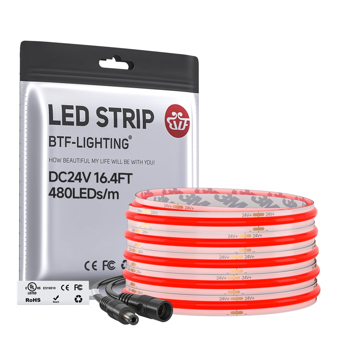 BTF-LIGHTING FCOB COB LED Strip Red Color 480LEDs/m 5M 24V DC Bright Dimmable LED Tape Light 8mm Width for Under Cabinet Bedroom Room Home Party Decoration, UL Listed(No Adapter or Controller)