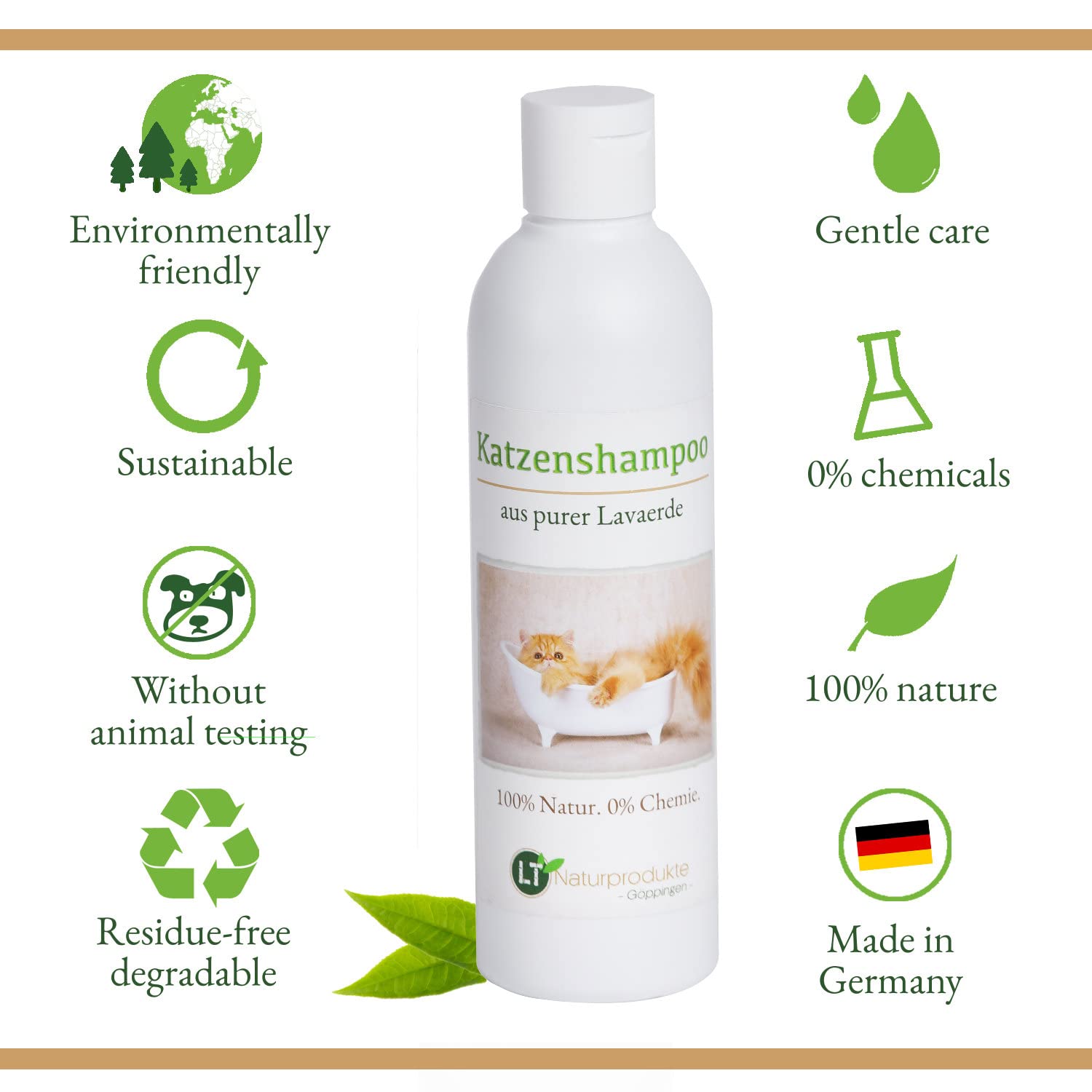Shampoing pour chat | bio | sans substance chimique et savon | hypoallergénique | anti-démangeaisons | au ghassoul marocain | 250 ml | pour les poils courts et longs | pour un pelage brillant