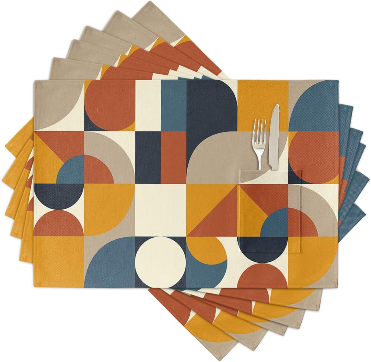Cloth Placemats with Pockets Set of 6 - Washable Place Mats Nordic Style Art Geometric Abstract Circle Pattern Yellow Placemat - Farmhouse Placemats for Dining Table 13x19In