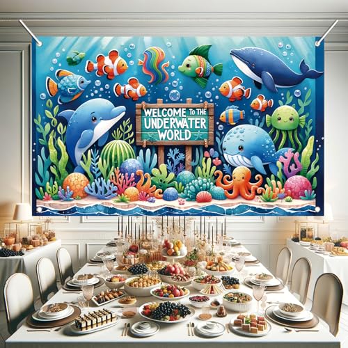 Image of Underwater World Backdrop Banner Ocean Party Decoration Cute Sea Animal Banner for Kids Birthday Baby Shower Photography Background Photo Booth Wall Decor 71 x43 Inch
