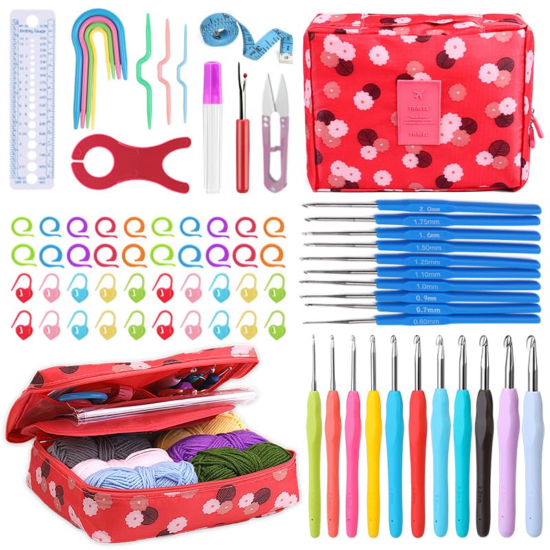 KIZAMI 1set Kit Iniziale per Uncinetto Rosso (14-30 cm), Accessori Completi, Design ergonomico, Ganci con Impugnatura Morbida, Ideale per Principianti e Bambini
