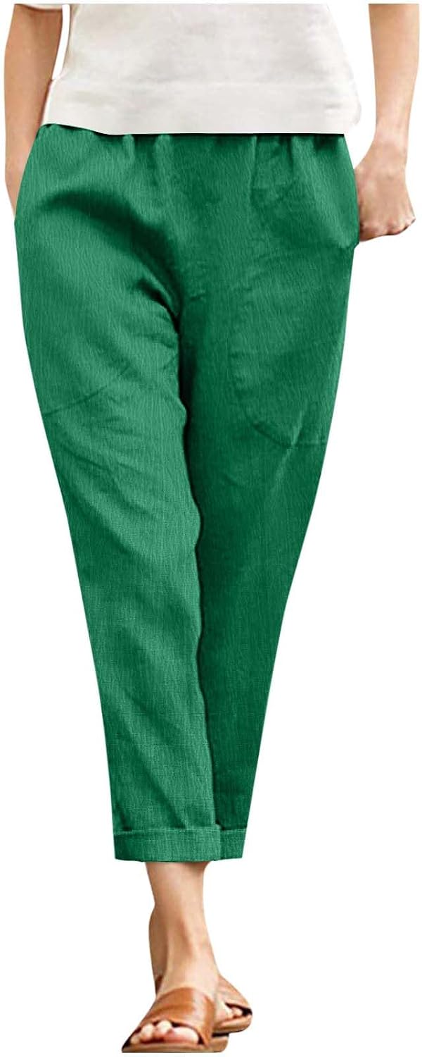 Women's Straight Leg Casual Pants Summer Lightweight Elastic High Waist Lounge Beach Palazzo Trousers with Pockets