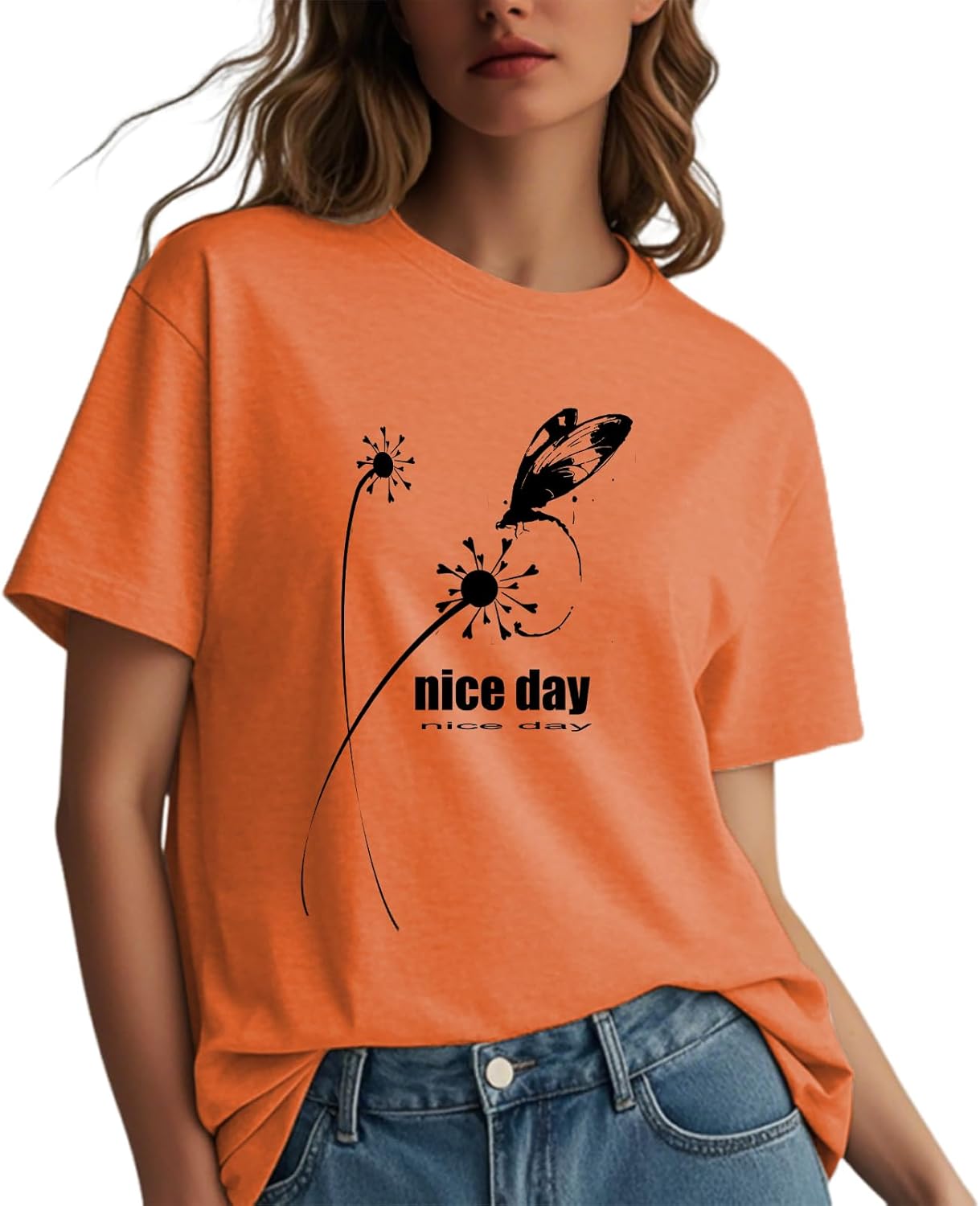 Womens t Shirts Short Sleeve Casual Summer Loose Fit Round Neck Nice Day & Dandelion and Butterfly Graphic Tops for Women