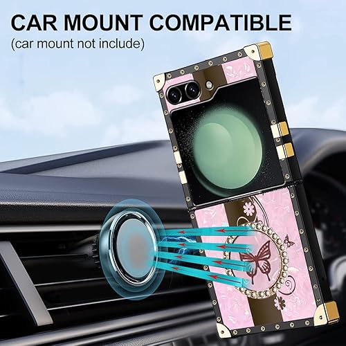 Miniatura 5 de B-wishy Funda de TPU para Samsung Galaxy Z Flip 5 con soporte de anillo, remache cuadrado para niñas y mujeres, cristal antigolpes, delgada, a